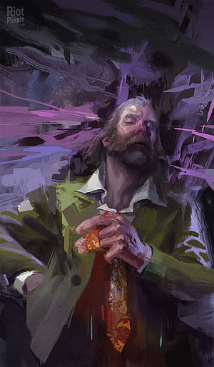 Disco Elysium Concept Art of a Bearded Man in a Green Coat with Purple Abstract Background, disco elysium mobile, #Disco Elysium HD phone wallpaper
