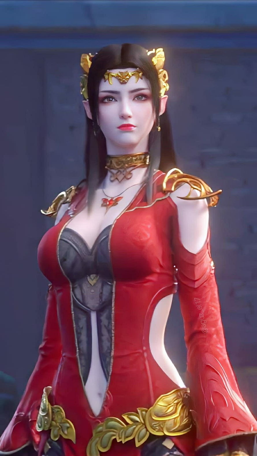 3D animated female character in red and gold fantasy armor with intricate headpiece HD phone wallpaper