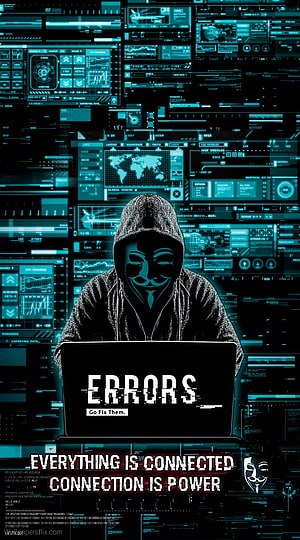 Anonymous Hacker in Hoodie with Guy Fawkes Mask and Glitch Text on Laptop HD phone wallpaper