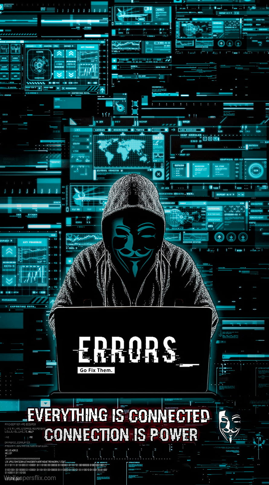 Anonymous Hacker in Hoodie with Guy Fawkes Mask and Glitch Text on Laptop HD phone wallpaper