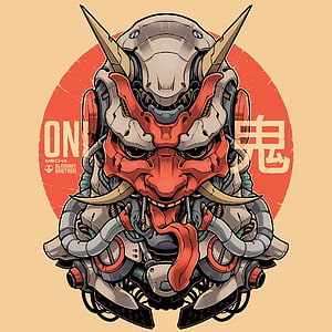 Mechanical Oni Demon Head with Samurai Armor and Red Mask HD phone wallpaper