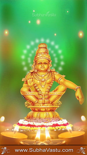 Golden Ayyappa Deity Statue Seated in Meditation with Oil Lamps and Flower Garland HD phone wallpaper