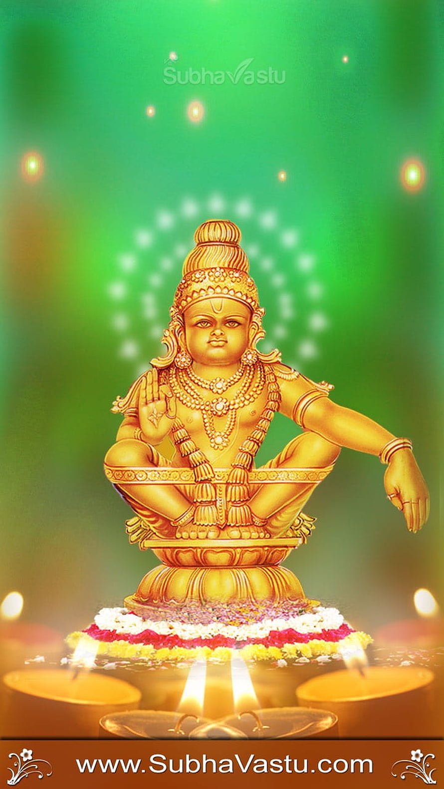 Golden Ayyappa Deity Statue Seated in Meditation with Oil Lamps and Flower Garland HD phone wallpaper