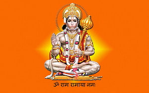 Lord Hanuman Seated in Meditation with Gada and Sacred Text on Orange Background, God Bajrang Bali Lord Hanuman Latest, bajrangbali HD wallpaper
