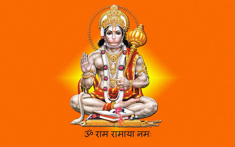Lord Hanuman Seated in Meditation with Gada and Sacred Text on Orange Background, God Bajrang Bali Lord Hanuman Latest, bajrangbali HD wallpaper