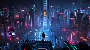 Cyberpunk Cityscape with Neon Lights and Silhouette Figure HD wallpaper