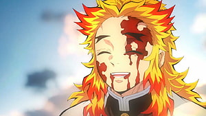 Kyojuro Rengoku from Demon Slayer Anime Smiling with Blood on Face HD wallpaper