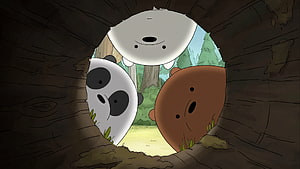 We Bare Bears Cartoon Characters Peeking Through Hollow Log in Forest HD wallpaper