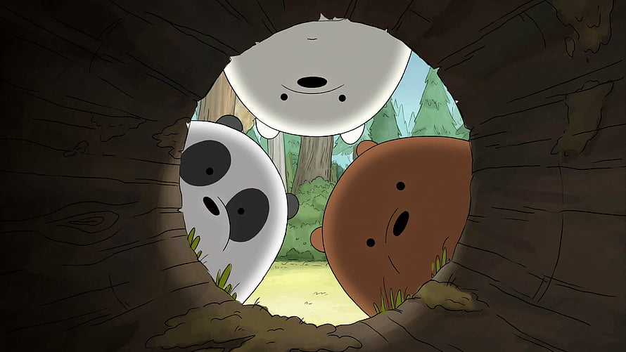 We Bare Bears Cartoon Characters Peeking Through Hollow Log in Forest HD wallpaper
