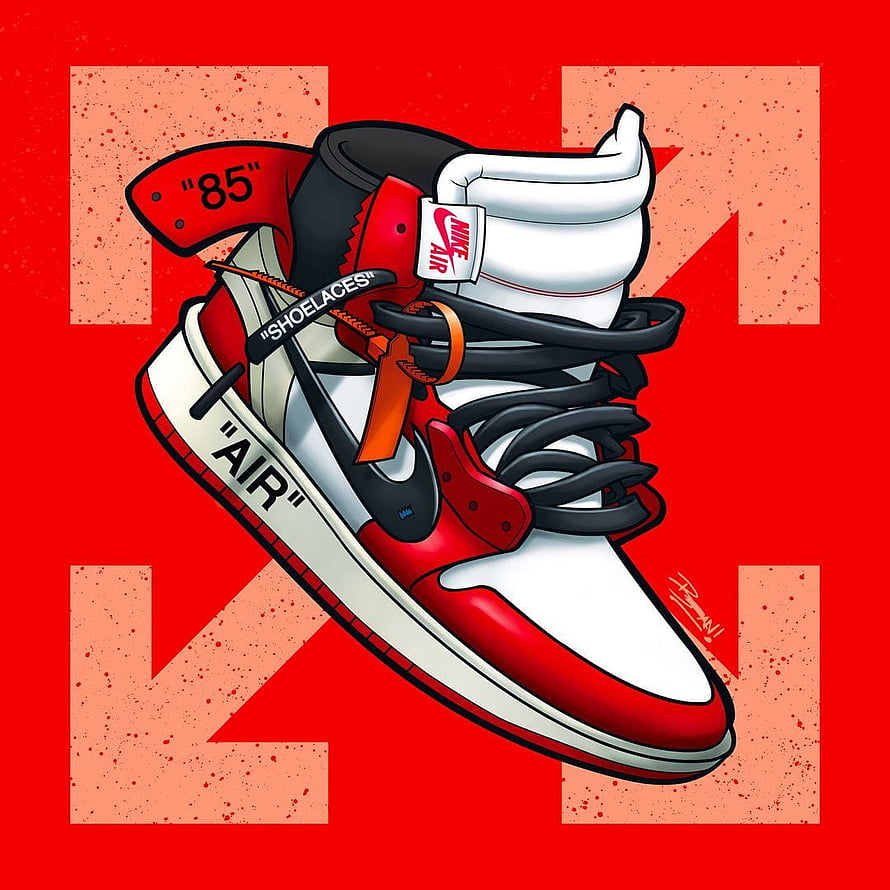 Illustrated Nike Air Jordan 1 High in Red and White with Bold Graphic Background HD phone wallpaper