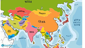 Colorful Illustrated Political Map of Asia Showing All Countries and Borders HD wallpaper