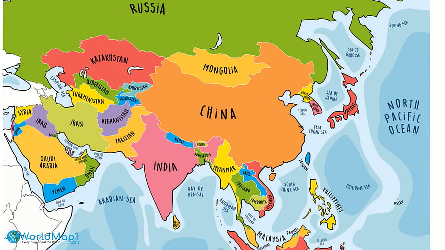 Colorful Illustrated Political Map of Asia Showing All Countries and Borders HD wallpaper