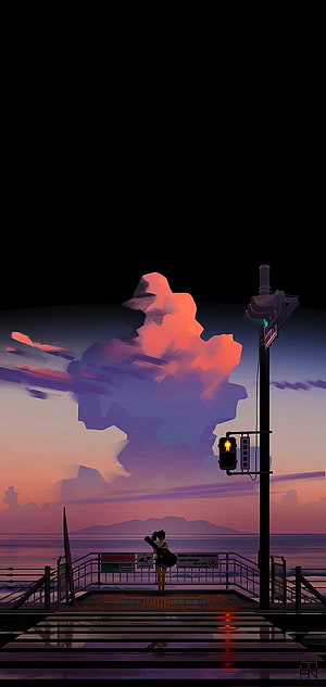 Anime Girl With Guitar Standing On Pier At Sunset With Purple Clouds HD phone wallpaper