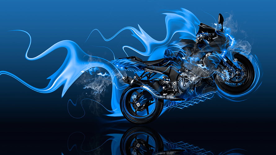 Sleek Black Sport Motorcycle Enveloped in Swirling Blue Energy Flames HD wallpaper
