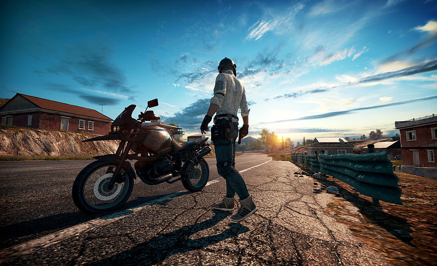 PlayerUnknown's Battlegrounds Rider Walking Away From Motorcycle On Deserted Road At Sunset HD wallpaper