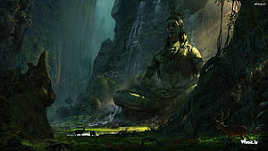 Mystical Ancient Stone Statue Meditating in Lush Jungle with Waterfall and Wildlife HD wallpaper