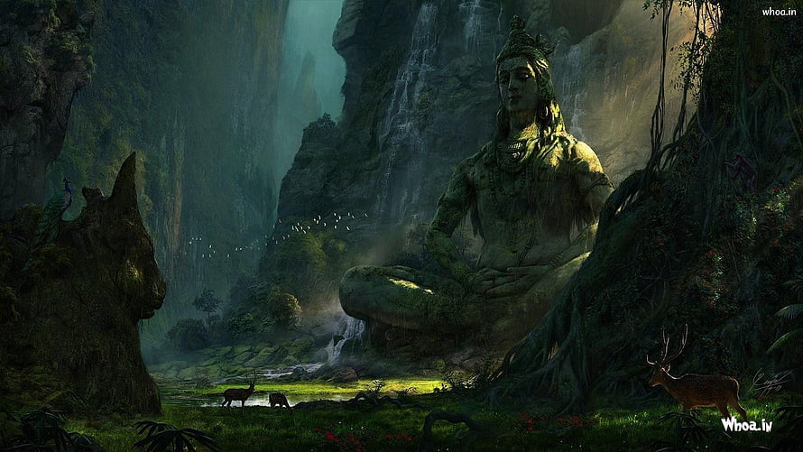 Mystical Ancient Stone Statue Meditating in Lush Jungle with Waterfall and Wildlife HD wallpaper