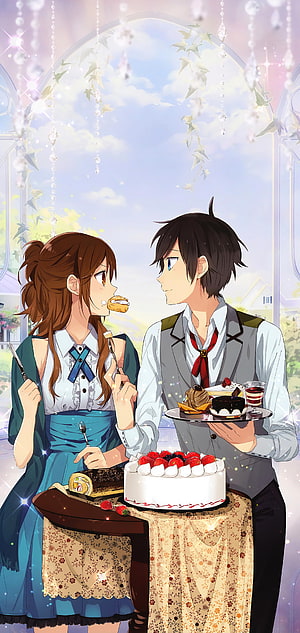 Horimiya Anime Couple Sharing a Sweet Afternoon Tea with Pastries and Cake HD phone wallpaper