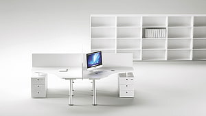 Minimalist White Office Workstation with Curved Desks and Wall Shelving Unit HD wallpaper