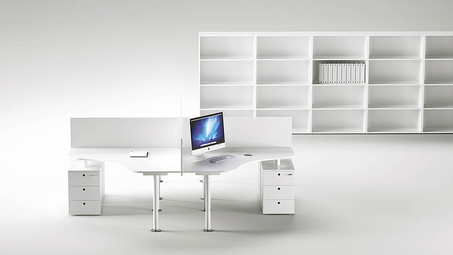Minimalist White Office Workstation with Curved Desks and Wall Shelving Unit HD wallpaper