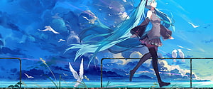 Hatsune Miku Running Along a Coastal Rail with White Birds in a Blue Sky HD wallpaper