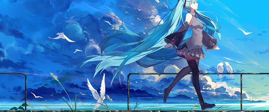 Hatsune Miku Running Along a Coastal Rail with White Birds in a Blue Sky HD wallpaper