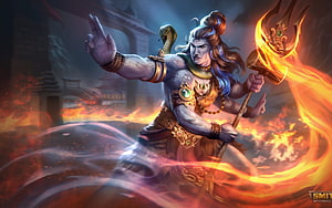 Shiva the Destroyer wielding flaming trident in fantasy battle scene HD wallpaper