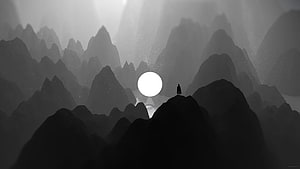 Solitary Figure on a Misty Mountain Peak with a Bright Moon in a Monochrome Landscape HD wallpaper