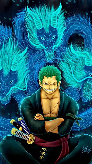 Roronoa Zoro Ashura Form with Three-Sword Style and Glowing Dragon Aura HD phone wallpaper