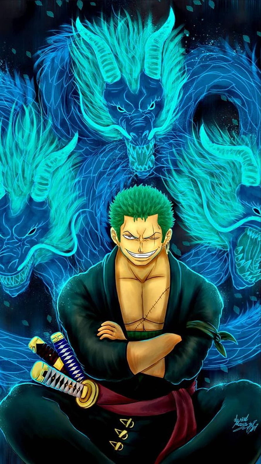 Roronoa Zoro Ashura Form with Three-Sword Style and Glowing Dragon Aura HD phone wallpaper