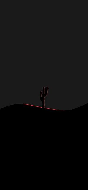 Minimalist Black Desert Landscape With Red Neon Outlined Cactus Silhouette HD phone wallpaper