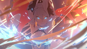Herrscher of Flamescion Anime Character with Glowing Blue Eyes and Fiery Energy Effects HD wallpaper