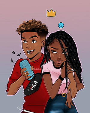 Digital Illustration of a Young Black Couple with Smartphone and Music Notes HD phone wallpaper