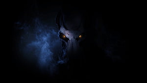Scary Ghost Face With Glowing Yellow Eyes In Dark Blue Fog HD wallpaper