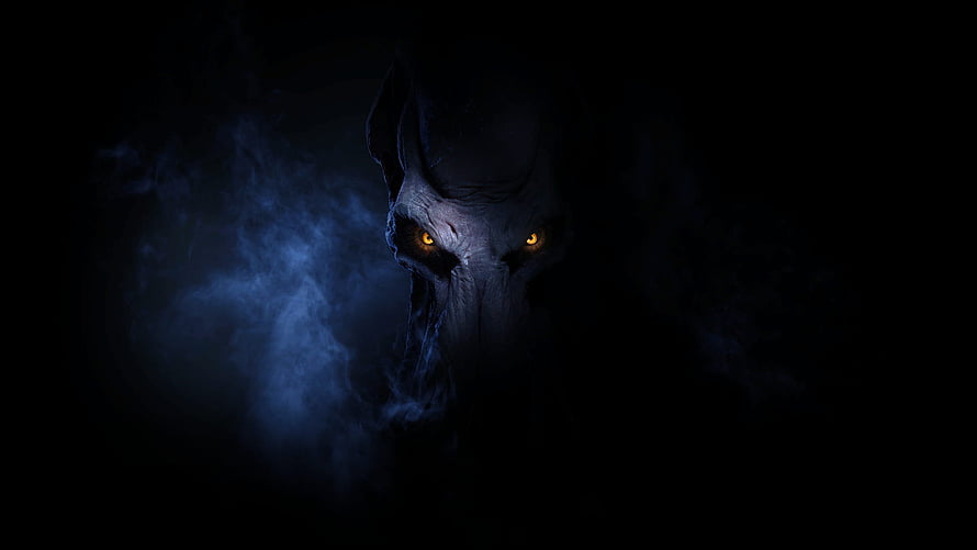 Scary Ghost Face With Glowing Yellow Eyes In Dark Blue Fog HD wallpaper