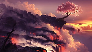 Fantasy Landscape With Glowing Lava Waterfalls And A Solitary Pink Blossom Tree HD wallpaper