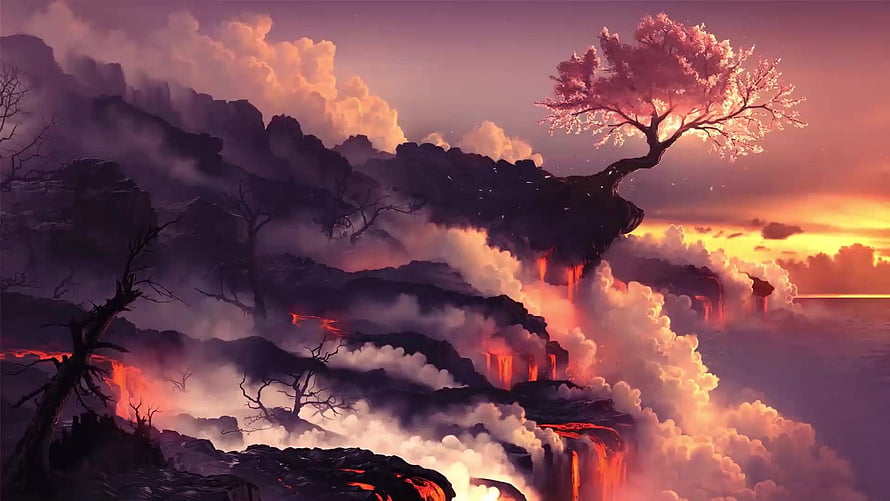 Fantasy Landscape With Glowing Lava Waterfalls And A Solitary Pink Blossom Tree HD wallpaper