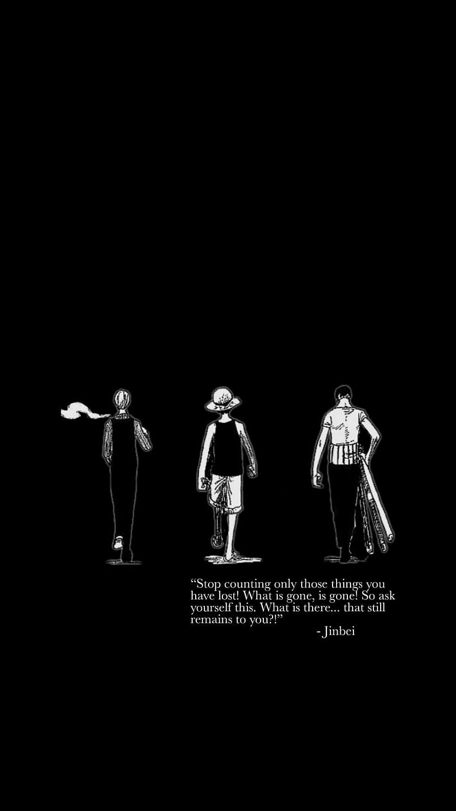 One Piece Black Aesthetic: Luffy, Zoro, and Sanji Walking Away with Jinbe Quote HD phone wallpaper