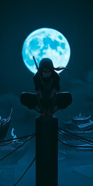 Itachi Uchiha Perched on a Pillar Under a Giant Blue Moon in Naruto HD phone wallpaper