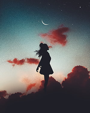 Silhouette of a girl standing on clouds looking at the crescent moon in a starry night sky HD phone wallpaper