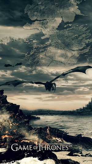 Game of Thrones Dragon Soaring Over Burning Coastline with Ancient Map Overlay HD phone wallpaper