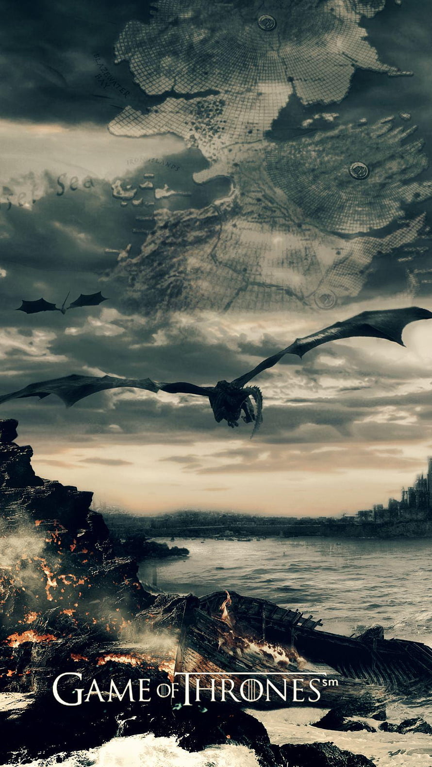 Game of Thrones Dragon Soaring Over Burning Coastline with Ancient Map Overlay HD phone wallpaper