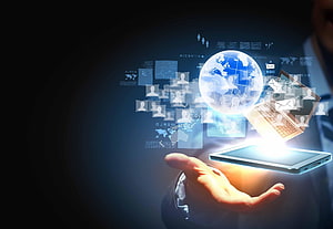 Businessman Holding Tablet With Holographic Globe And Digital Network Icons, Computer Tech, information technology HD wallpaper
