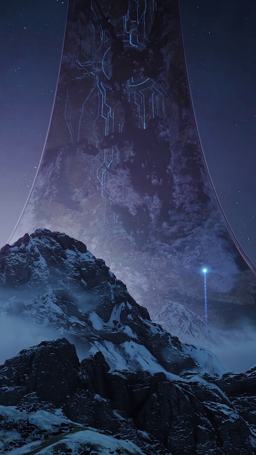 Halo Infinite Forerunner Monolith Tower Rising Above Snowy Mountain Peaks at Night HD phone wallpaper