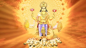 Lord Surya Dev riding a seven-horse chariot with lotus flowers and radiant golden aura HD wallpaper
