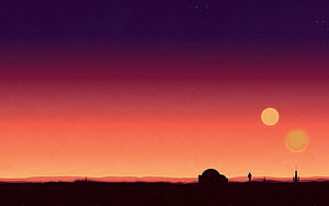 Star Wars Tatooine Sunset with Twin Suns and Silhouetted Dune Landscape HD wallpaper