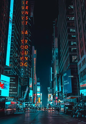 Times Square New York City Night Street View with Neon Signs and Digital Billboards HD phone wallpaper