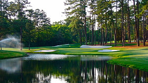 Augusta National Golf Course Fairway with Water Hazard and Pine Trees HD wallpaper