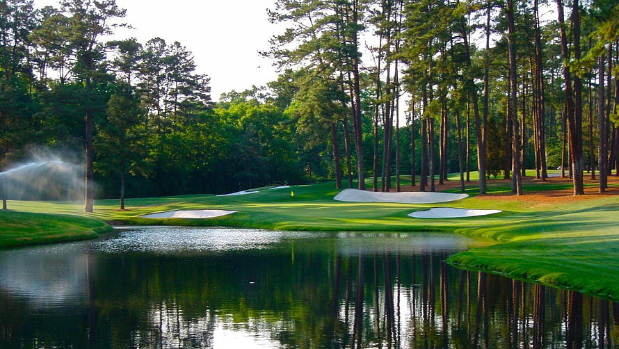 Augusta National Golf Course Fairway with Water Hazard and Pine Trees HD wallpaper
