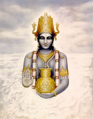 Lord Vishnu emerging from the cosmic ocean holding the pot of amrita HD phone wallpaper